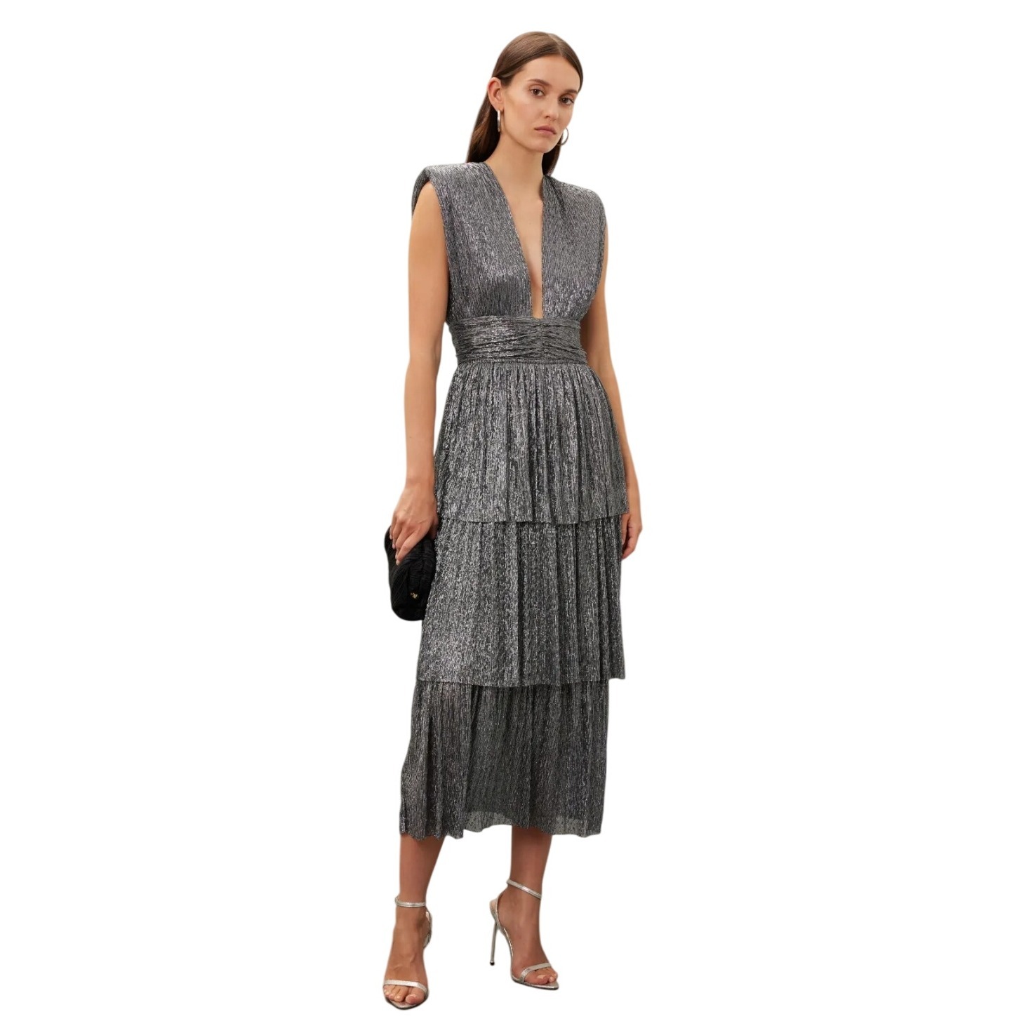 Sabina Musayev Bonita Dress Metallic Tiered Midi Plunge Sleeveless Size Xs